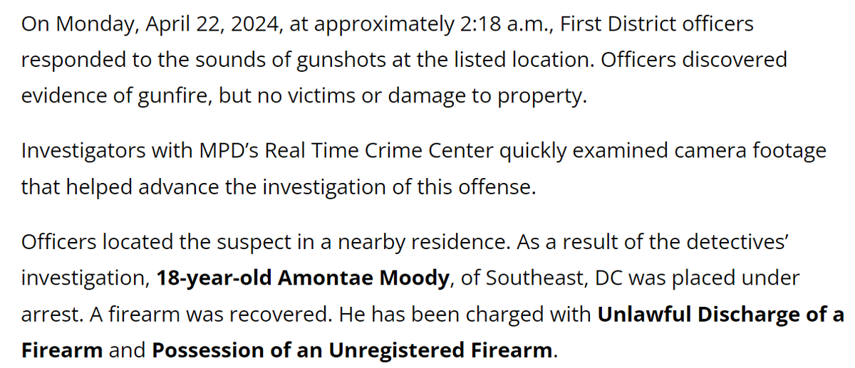 Note how with technology MPD was able to make an arrest the same day as this alleged shooting.

That is the kind of 'swift and certain' consequences (if the USAO presses charges) that help deter more shootings.