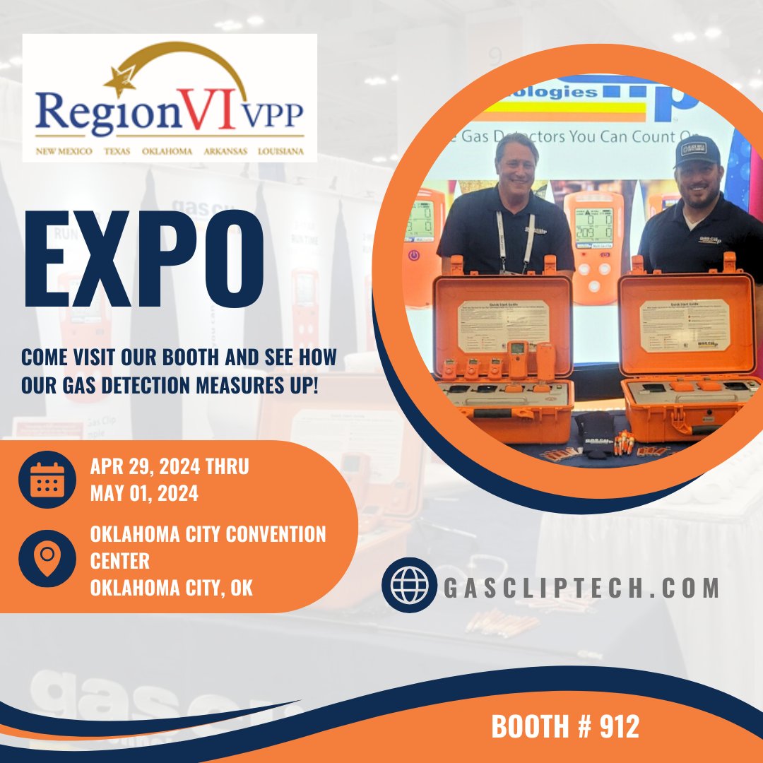 clip_gas's tweet photo. Join us un Oklahoma City, OK at the Oklahoma City Convention Center for the Region VI VPPPA expo. We will be at booth #912 demonstrating why our gas detectors are the way to go! #oilandgas #safety #gasdetection https://t.co/Gw7dTFGJFk