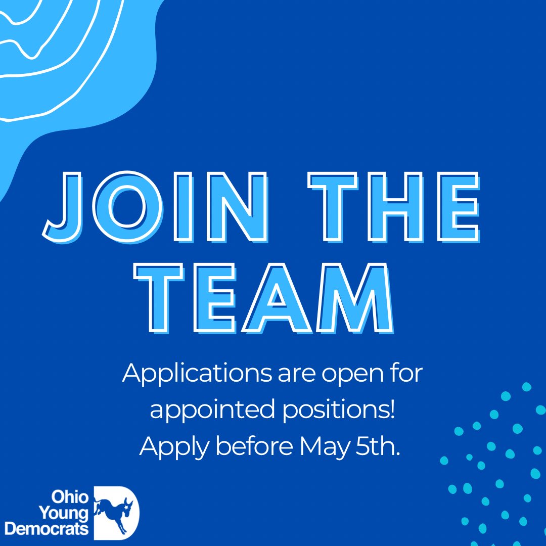We have several appointed positions we are looking to fill for our Executive Board and we want 🤩YOU🤩 to apply! This year couldn’t be more important for the Ohio Young Democrats, and we need all hands on deck to accomplish our goals. APPLY HERE -> docs.google.com/forms/d/e/1FAI…