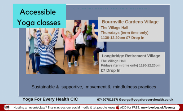 #SWBrumEVENTS –  Accessible Yoga Casses🧘 
INFO:👉   bvoices.uk/events

📅 Thursdays & Fridays (Term time only)
🕚 11:30am -12:20pm
📍 #Bournville & #Longbridge
🏷️ £7
ℹ️ No need to book

#SWBrumWELLBEING 
#B31VoicesSupportingLocal  
#Over50s 
#SeatedYoga
#Birmingham