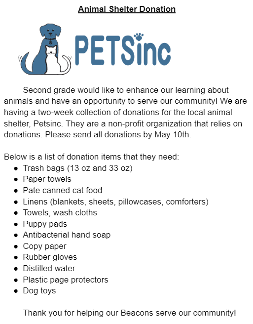 Please join us in supporting our second graders' charity! All donations for Pets Inc. can be sent in through May 10! @RichlandTwo