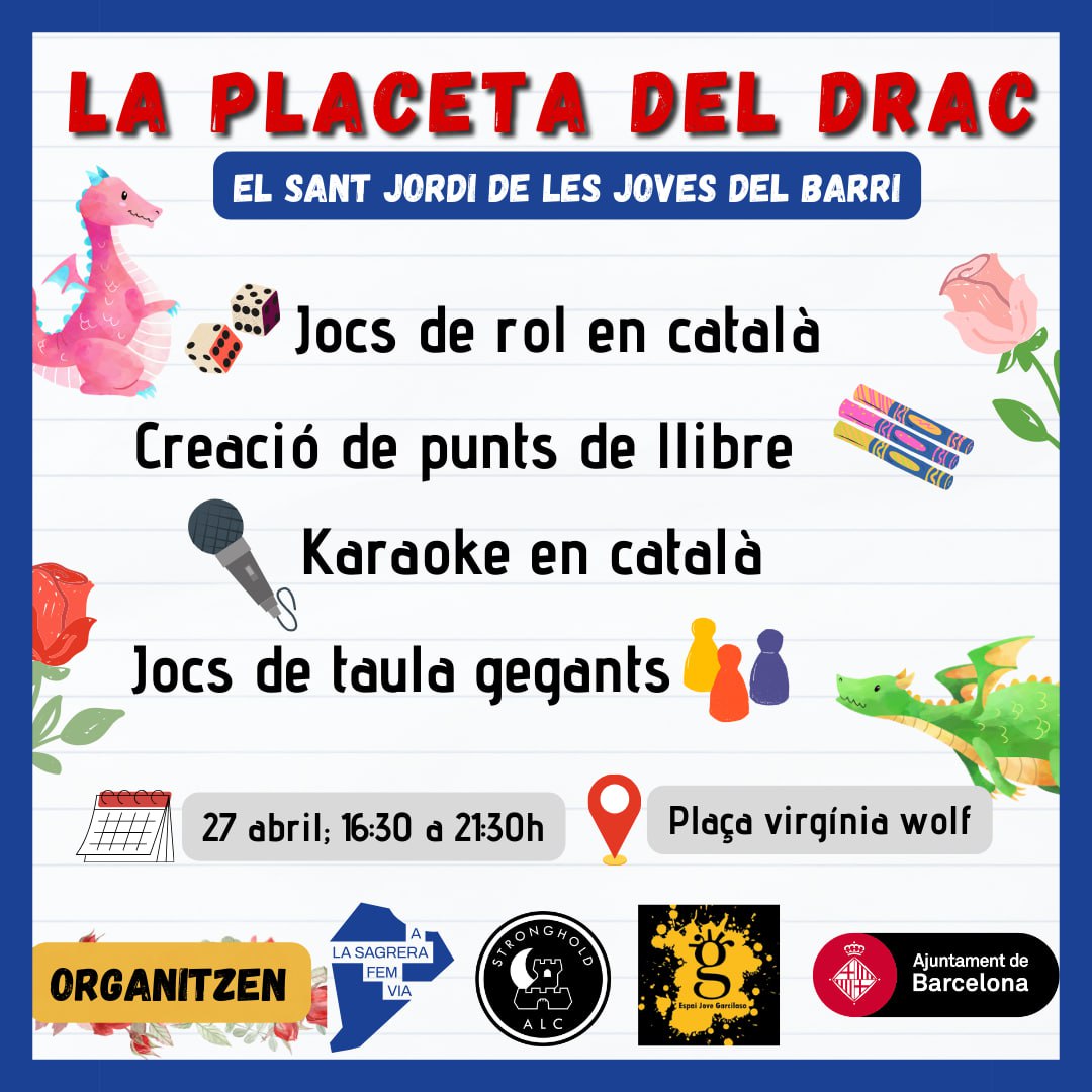 ALC_Stronghold's tweet photo. Ens veiem aquest dissabte per celebrar #SantJordi a la plaça de virginia wolf! Tindrem #jocsdetaula, #karaoko i #rol en català! I farem un taller de #puntsdellibre 🥰

Inscripcions rol (vaesen): 
https://t.co/Re8hS6cmHm

#lasagrera #fembarri #joveslasagrera https://t.co/xs1brThYld