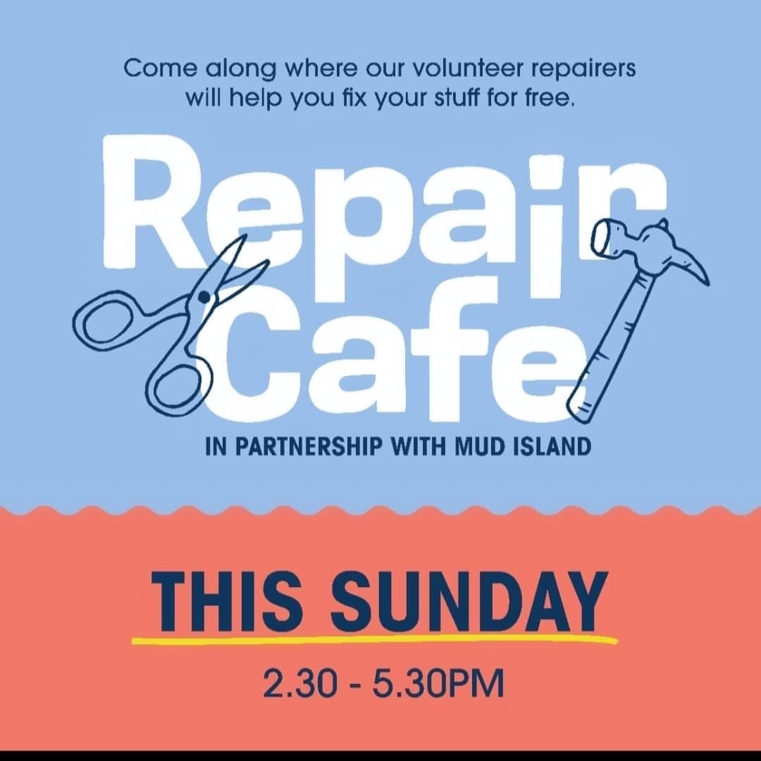 This Sunday from 2:30 to 5:30. Volunteers will **try** to fix bikes... Jewelry and mend clothes. We're quite good at sharpening knives and scissors too! 👨‍🔧👩‍🔧🧑‍🔧✂️⚒️