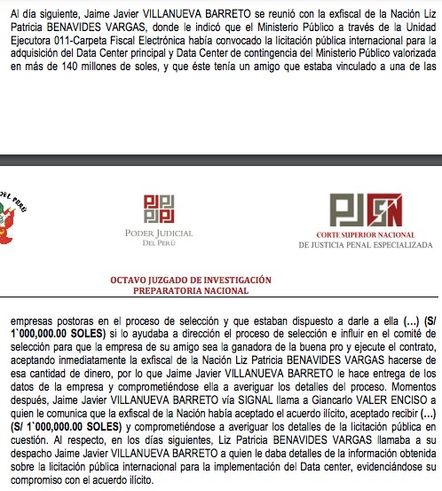 Valkiria XI: El empresario Giancarlo Valer Enciso acordó con los ex asesores Jaime Villanueva y Miguel Girao, entregarle 1 millón de dólares a Patricia Benavides para que direccionara el proceso de licitación de la implementación del Data Center principal y el Data Center de