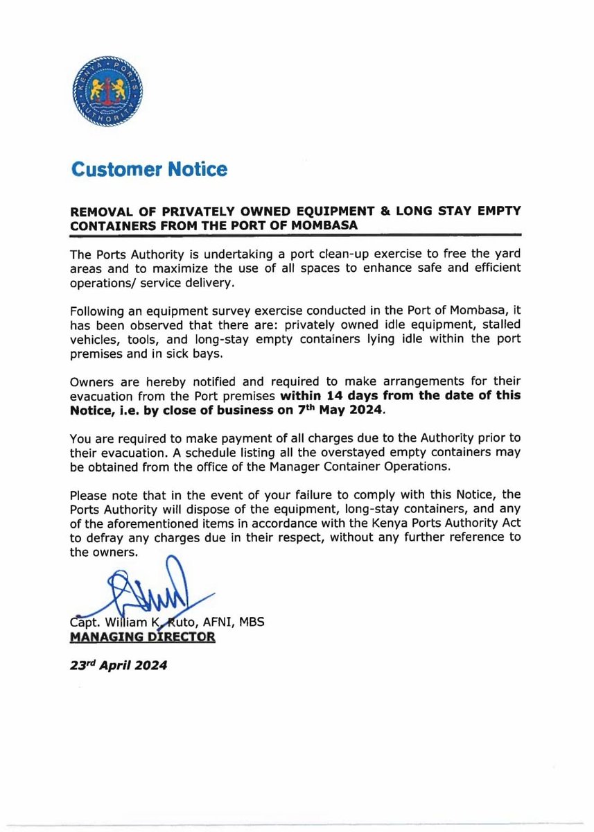 Kenya_Ports's tweet photo. Notice to our customers on the removal of privately owned equipment and long stay empty containers at the Port of Mombasa. https://t.co/3LGXRWHTBo