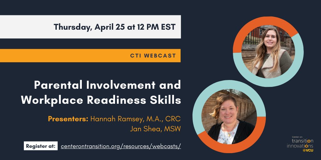 This Thursday 👉: Parental Involvement and Workplace Readiness Skills Webcast at 12-1 PM ET.

Register for the link: centerontransition.org/resources/webc…

We will cover the top workplace readiness skills, the role of parents and guardians, and daily support strategies.