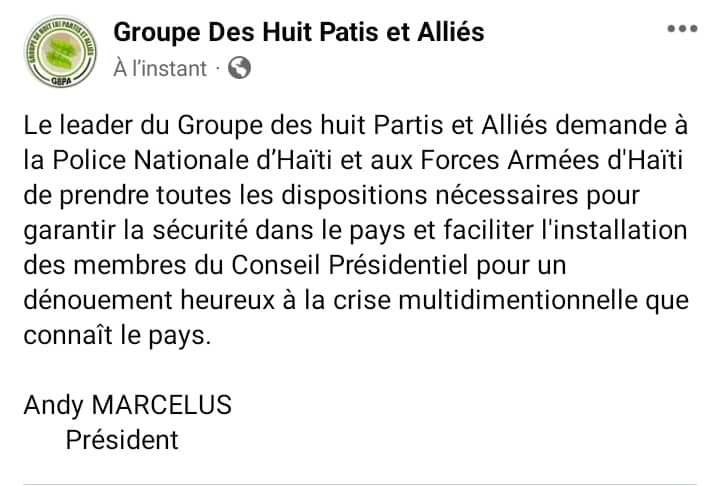 InfoAkiki's tweet photo. M. #AndyMarcelus, leader du G8PA, demande aux forces de l'ordre de garantir la sécurité nationale pour faciliter l'installation du CP et résoudre la crise actuelle. https://t.co/QF55ex56OA