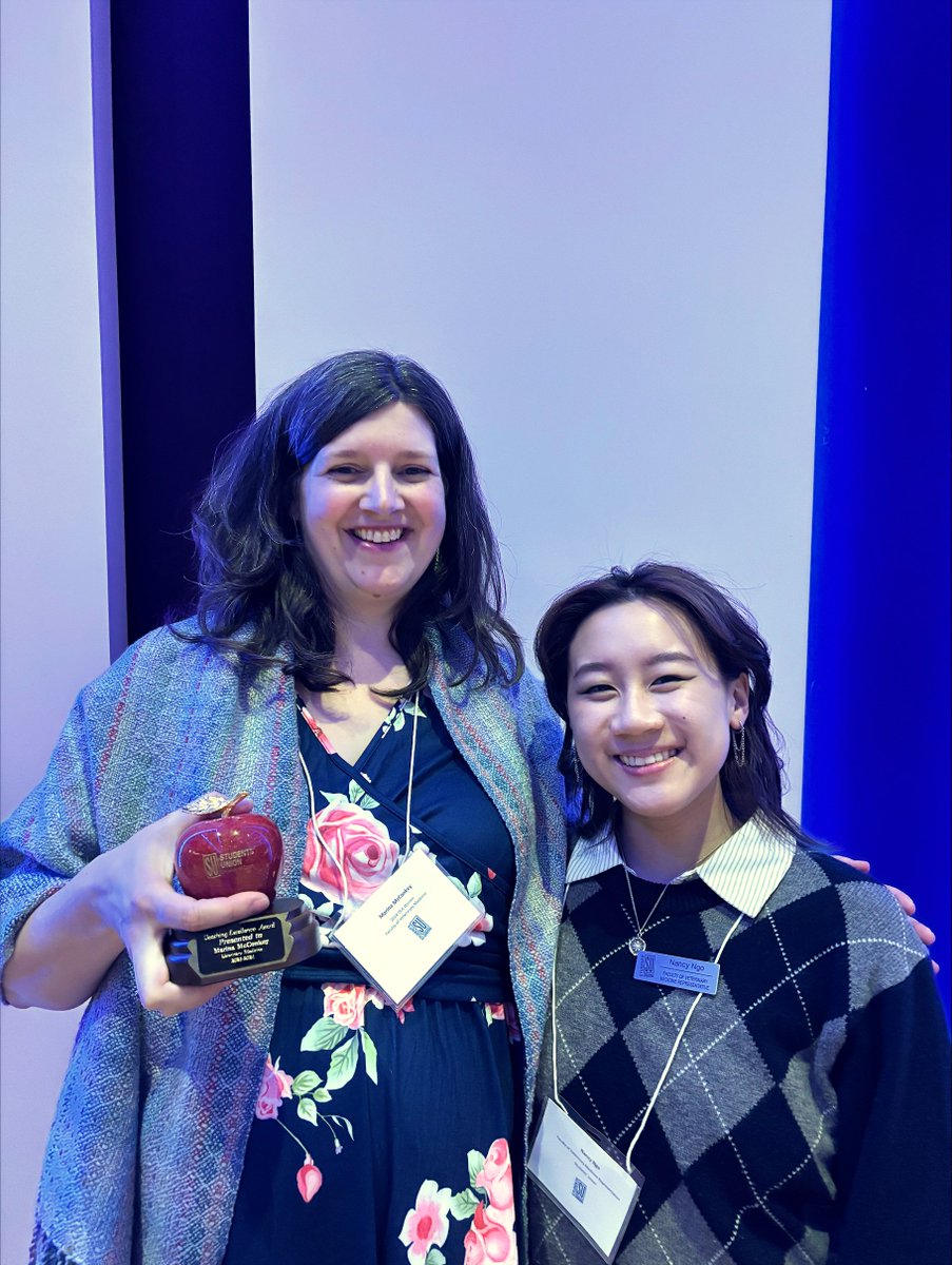 Congrats to Dr. Marina McConkey on receiving a Teaching Excellence Award from UCalgary's Student Union! 🏆 This award honours instructors who have positively impacted their students' learning experiences and academic careers. Pictured with Nancy Ngo, Vet Med's SU representative.