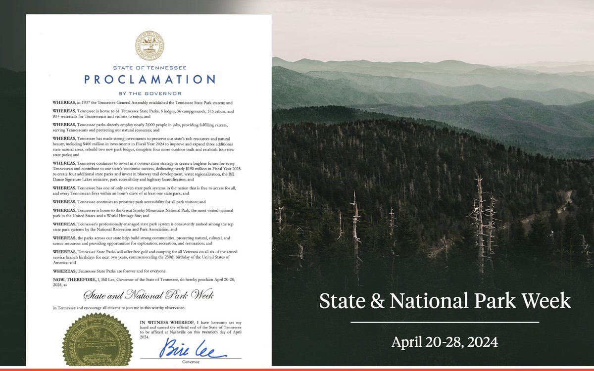 During State & National Park Week, we celebrate TN's strong commitment to conservation. TN continues to prioritize investments in our state's natural beauty & rich resources, including @TennStateParks, for future generations of Tennesseans to enjoy.