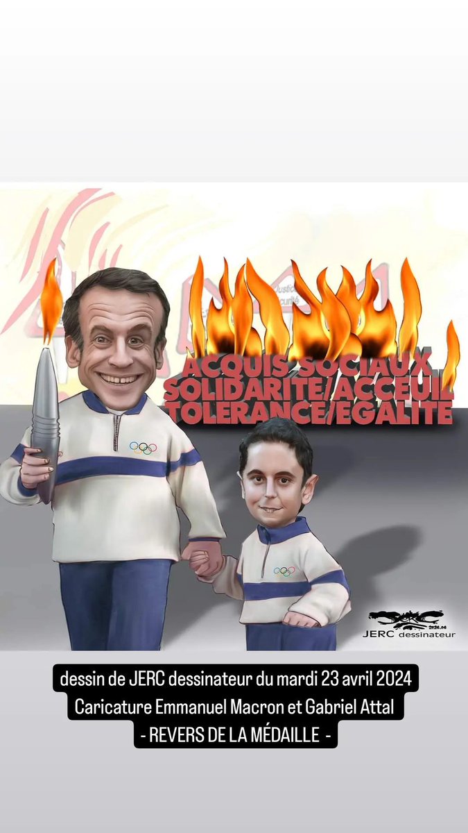 Dessin de JERC dessinateur du mardi 23 avril 2024
Caricature Emmanuel Macron et Gabriel Attal
- REVERS DE LA MÉDAILLE  -
#Macron #Rigueur #AssuranceChomage #Deficit #JO #Macroniste #reformes #CasseSociale #Paris2024 #Attal ✏️