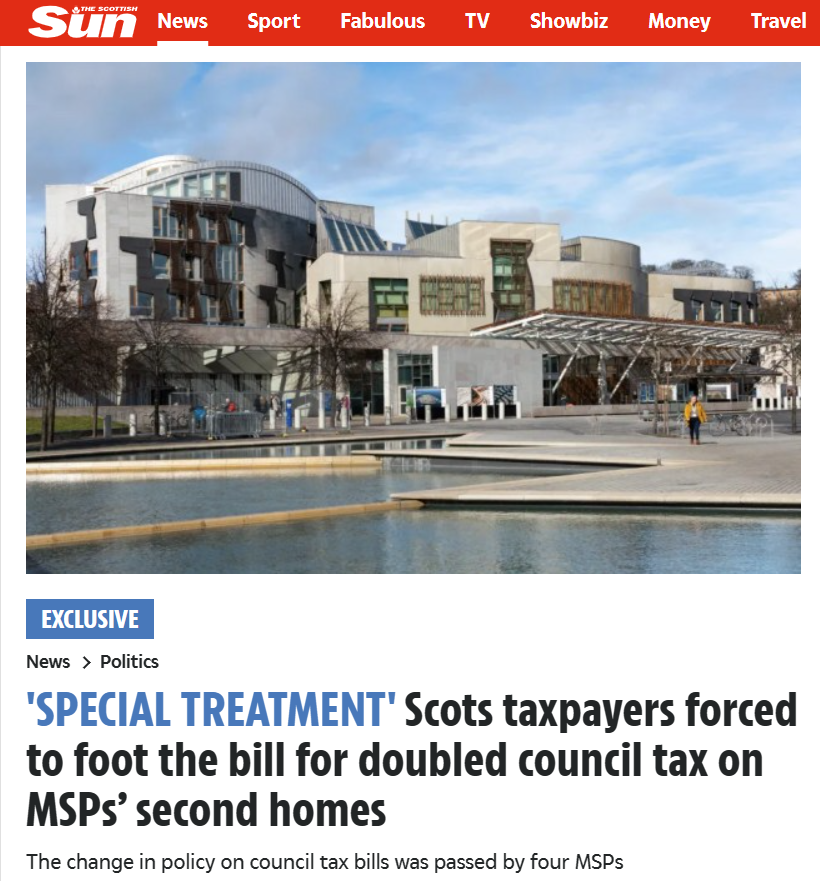 MSPs require Scots with second homes to pay double council tax - but don't want to pay the extra tax themselves. One rule for ordinary Scots and another for the MSPs who voted through the totally unjustified tax hike.