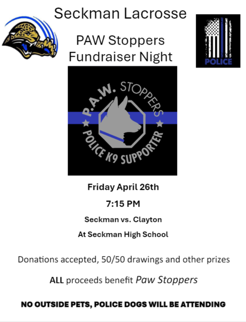 JeffCoMoSheriff's tweet photo. This Friday, our very own Deputy Marc Gibson &amp; his @SeckmanJagLax team will host @ClaytonLacrosse  for the annual @PAWStoppers fundraiser game, and they'd love to have your support. 
Pawstoppers supports working &amp; retired police K9s, including those at the Sheriff's Office.
(1/2) https://t.co/GLHi9VY5ws