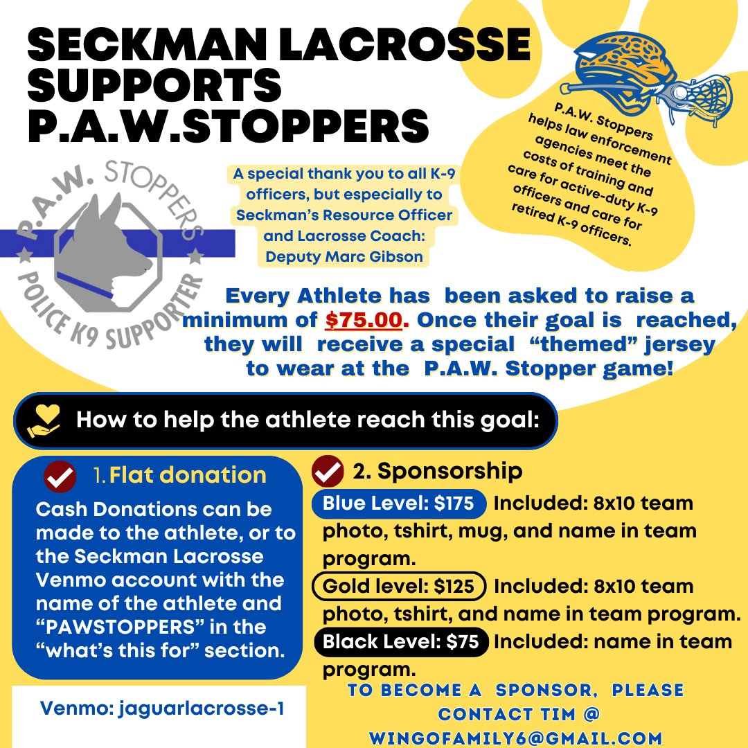 JeffCoMoSheriff's tweet photo. This Friday, our very own Deputy Marc Gibson &amp; his @SeckmanJagLax team will host @ClaytonLacrosse  for the annual @PAWStoppers fundraiser game, and they'd love to have your support. 
Pawstoppers supports working &amp; retired police K9s, including those at the Sheriff's Office.
(1/2) https://t.co/GLHi9VY5ws