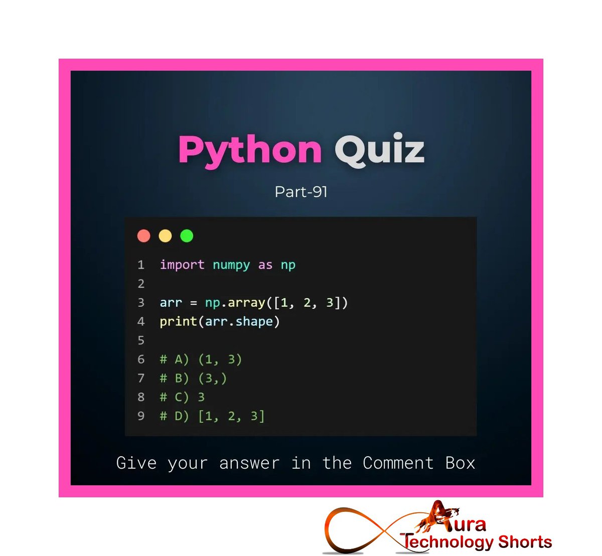 Auratechno72007's tweet photo. python quiz
.............
#PythonQuiz #CodingChallenge #TechTrivia #PythonPuzzles #CodeQuiz #PythonKnowledge #TechQuiz #PythonChallenge #CodePuzzles #PythonTrivia https://t.co/A7kcPg2bSp