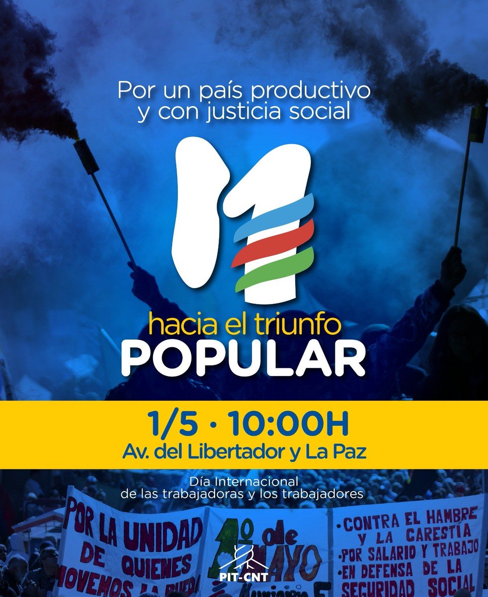 1º de mayo 
Día Internacional de las trabajadoras y los trabajadores 
· Hacia el triunfo popular ·
· Por un país productivo y con justicia social · 🇺🇾

📍 10 h · Av. del Libertador y La Paz

#1mayo2024 #1mayo #Afirmatusderechos #SeguridadSocialUY