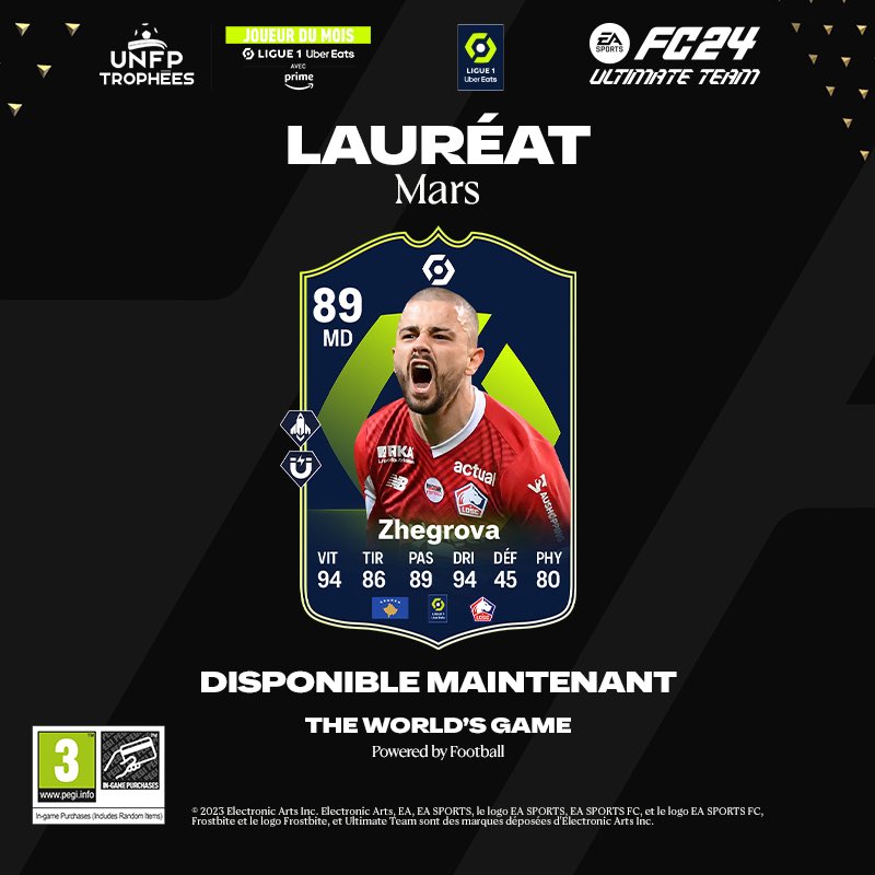 👏 Bravo à Edon Zhegrova, lauréat du trophée du joueur du mois en @Ligue1UberEats 🏆 ! Retrouvez son élément #POTM en DCE dans #FC24 🎮⚽️ ! @UNFP