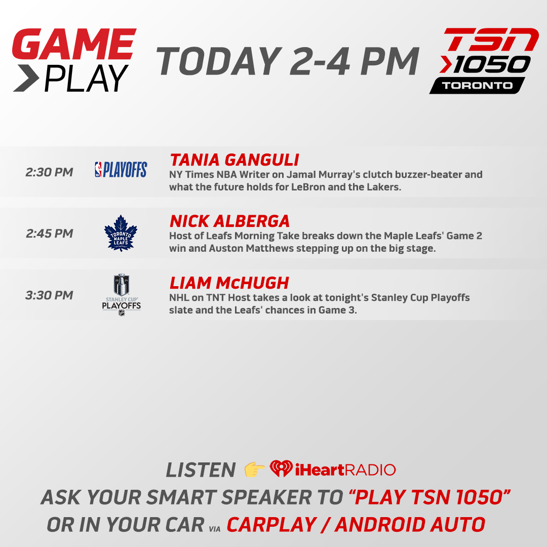 Coming up today on #GamePlay, @mcauz56 will be joined by @taniaganguli, @thegoldenmuzzy and @liam_mchugh! Listen from 2-4pm on your home speakers, @TSN_Sports App, @iHeartRadioCA App or player.toronto.tsn.ca!