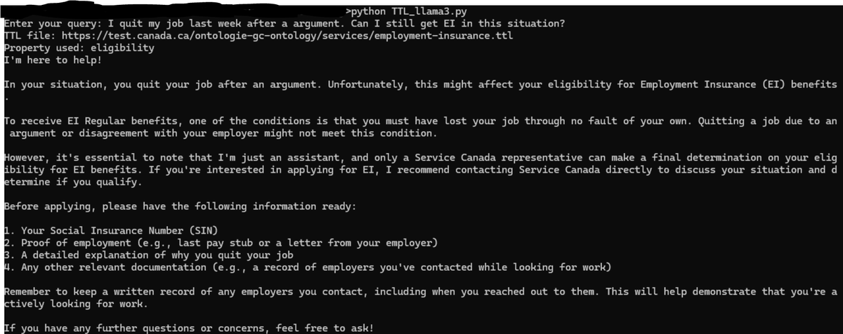 I've been experimenting with local #GenAI (Llama3-7b) paired with #KnowledgeGraphs to answer simple questions about governement services. 

All local, running on regular computer. 

Not perfect, but promsing! 
#GCDigital