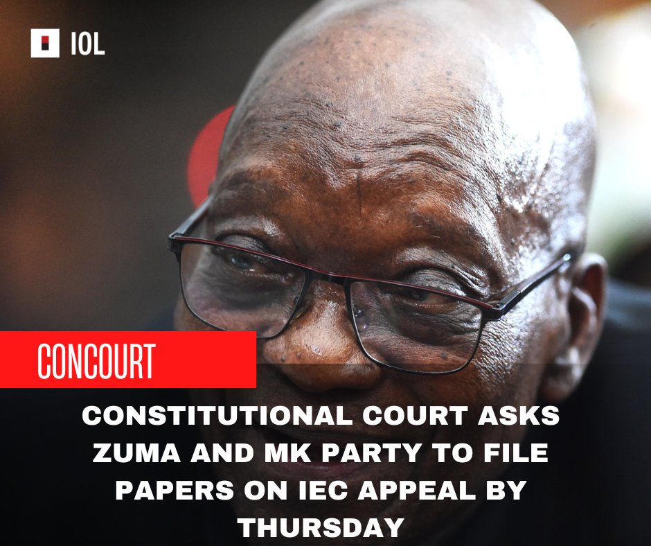 This is in relation to the application lodged by the Electoral Commission of South Africa (IEC) to appeal the judgment of the Electoral Court that Zuma can stand as a candidate in the elections.
#JacobZuma #concourt #IEC #MKP 
iol.co.za/news/politics/…