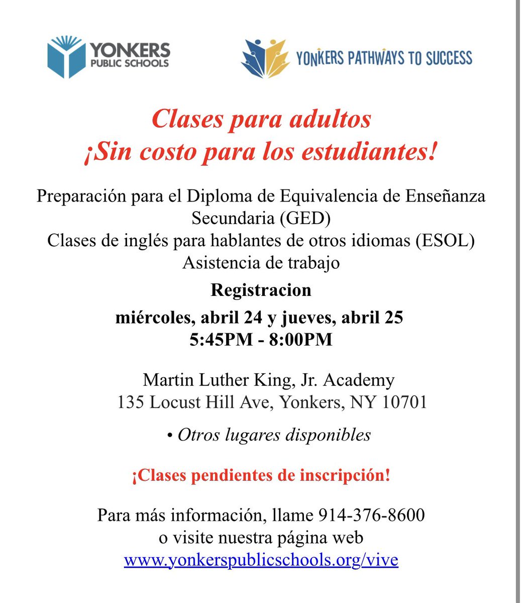 PrincipalNaber1's tweet image. Register now for Adult Education classes, right here at MLKA! #MLKA #adulted #GED #ESOL @PrincipalNaber @YonkersSchools @DrF_Hernandez