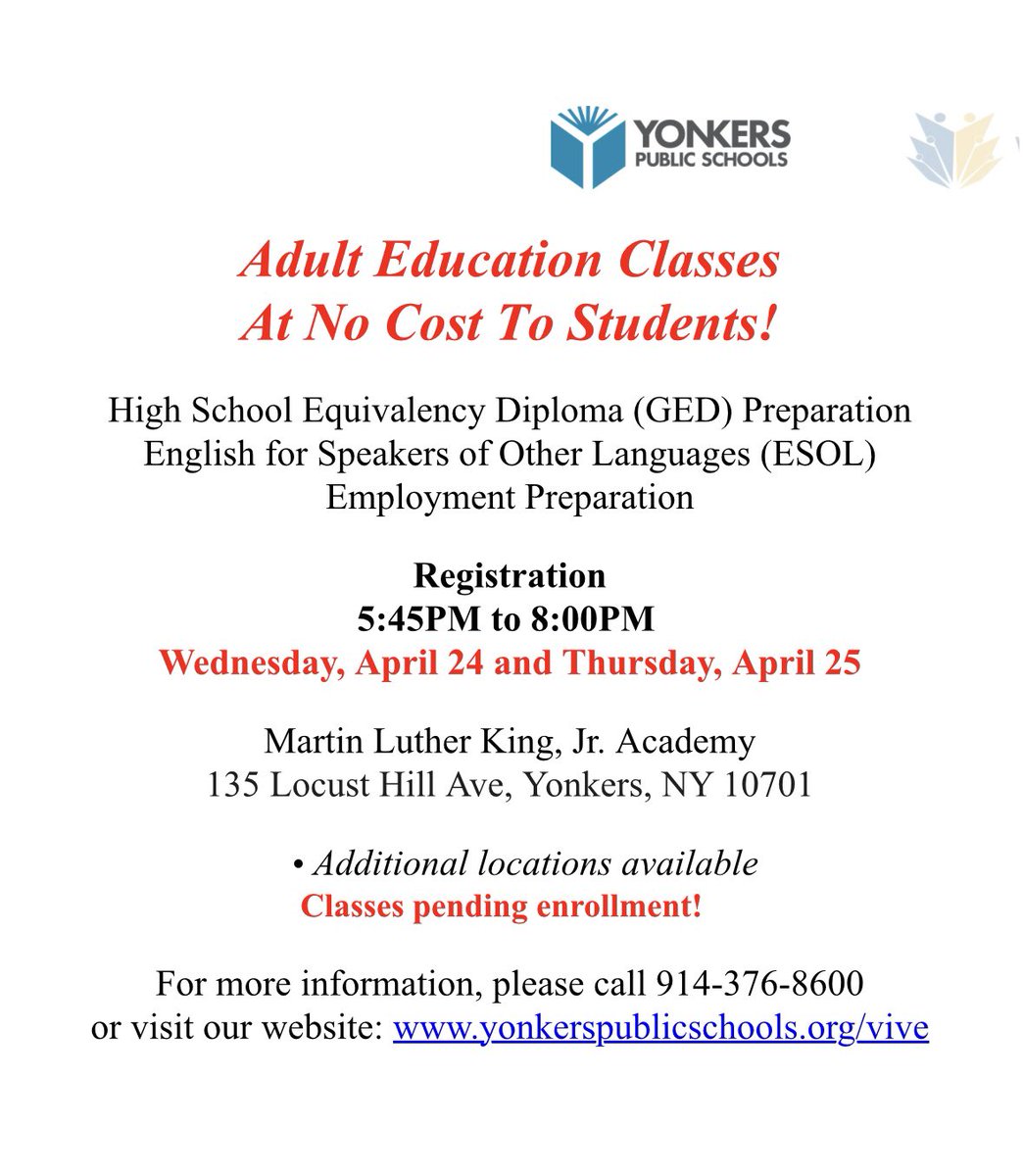 PrincipalNaber1's tweet image. Register now for Adult Education classes, right here at MLKA! #MLKA #adulted #GED #ESOL @PrincipalNaber @YonkersSchools @DrF_Hernandez