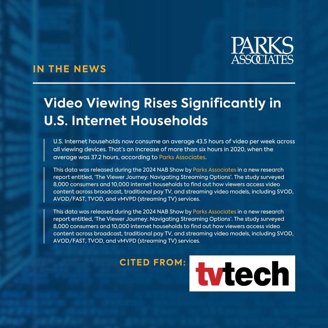 📢 We were cited in a @TVTechnology article about the rise in video viewing in US internet households by @CarelessJames!📺📱💻📈 🔗Read more: tinyurl.com/3n3mrvzz #parksdata #ParksAssociates #ParksAssociatesInsights #Streaming #Entertainment #DigitalTrends