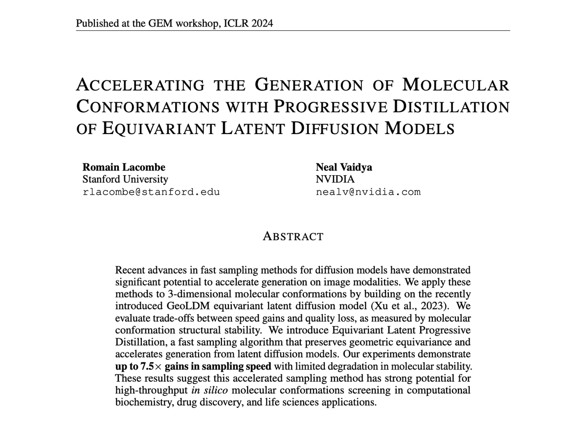 New paper alert: introducing AccGeoLDM, an accelerated equivariant latent diffusion model. We speed up generation of molecular conformations by ~8x with limited loss in quality! Excited to present at @iclr_conf @gembioworkshop 2024 in Vienna. Links to paper & code below. 🧵⬇️