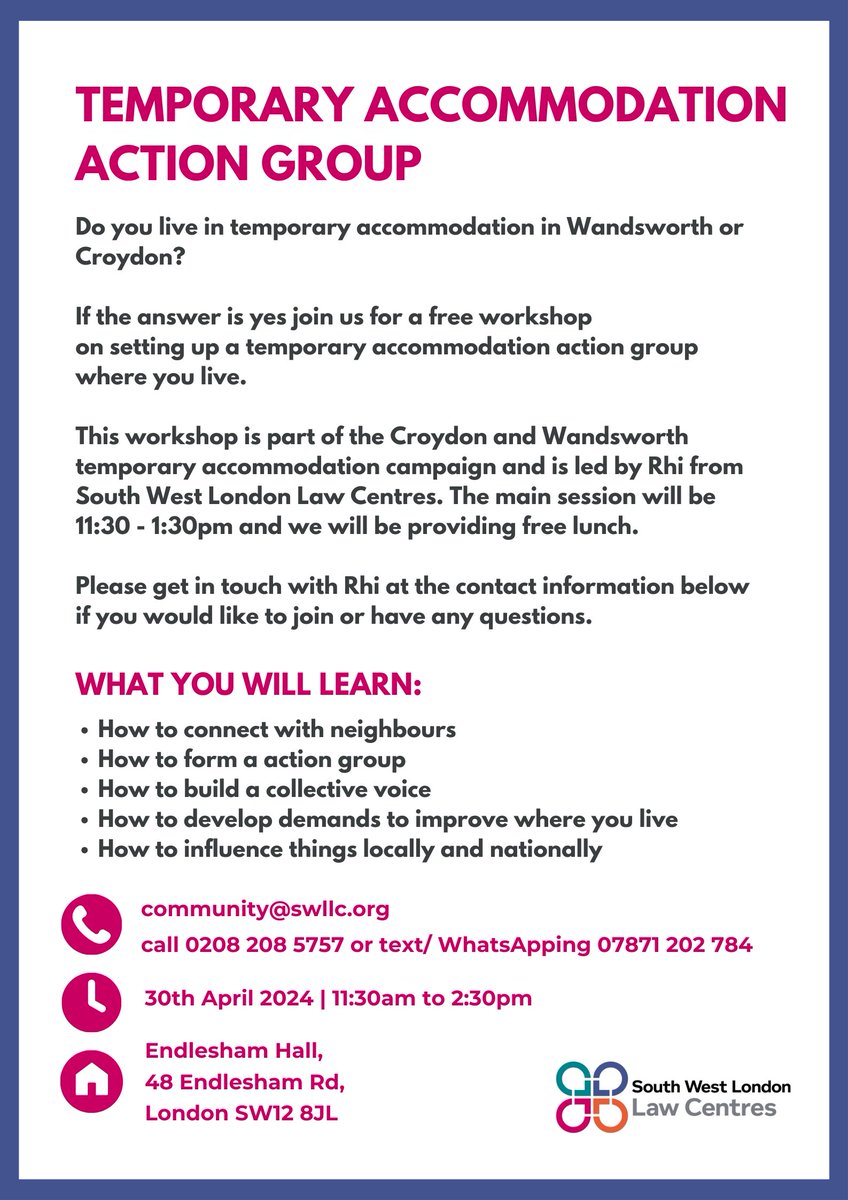 Do you live in #TemporaryAccommodation in #Croydon or #Wandsworth? Come to this free important workshop in #Balham. We'll be setting up resident associations to being change and improve the conditions of where you live. ~Contact us if there are any barriers to attending ~ 👇💪