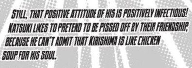 cant take krbk srsly like ?? wdym kirishima is chicken soup for bakugo’s soul ?? literal jp translation “provides nourishment for his soul” like damn this the gayest shit ever ,,