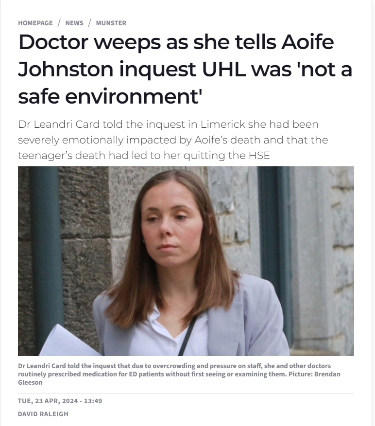 Dr Leandri Card told the inquest in Limerick she had been severely emotionally impacted by Aoife’s death and that the teenager’s death had led to her quitting the HSE #RIPAoifeJohnston irishexaminer.com/news/munster/a…