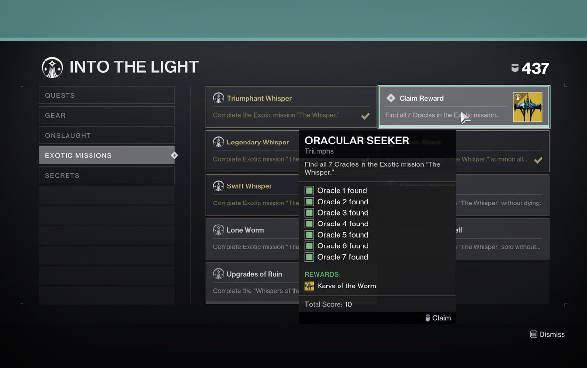 DestinyBulletn's tweet photo. All seven Oracles are available this week in The Whisper mission, allowing you to obtain the Karve of the Worm exotic ship. Oracle location guide here - https://t.co/J8gyUGMzUl https://t.co/t2eXbx2AMs