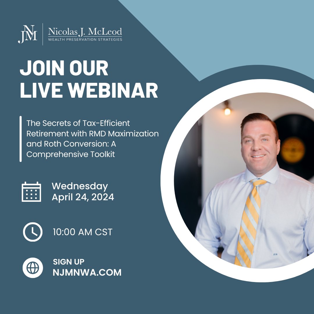Discover the power of #RMDs & #RothIRAs for #taxfreeincome with NJM!

Join our #financialwebinar tomorrow at 10 AM CST on 'The Secrets of #TaxEfficientRetirement with #RMDMaximization and #RothConversion: A Comprehensive Toolkit.’

Sign up: bit.ly/3vsvmI2

#njm #rmd