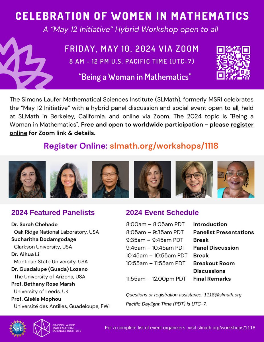 Join SLMath (MSRI) on Friday, May 10 from 8a-12p Pacific (UTC-7) in Berkeley or via Zoom for the 2024 Celebration of Women in Mathematics workshop on 'Being a Woman in Mathematics'. Learn more: mailchi.mp/slmath/may-10-… or register at slmath.org/workshops/1118. #May12WIM #WomenInMath