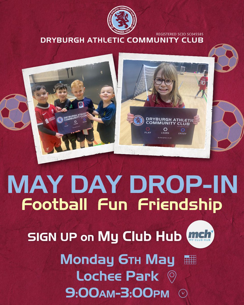 MAY DAY DROP IN ⚽️ We are hosting a Football Drop In session on Monday 6th May, Lochee Park, 9.00am to 3.00pm. BOOK NOW ⬇️ myclub-hub.com/organisations/… For more information contact CDO Sarah: 📱07494091812 📧 dryburghathleticcc@gmail.com #FootballFunFriendship