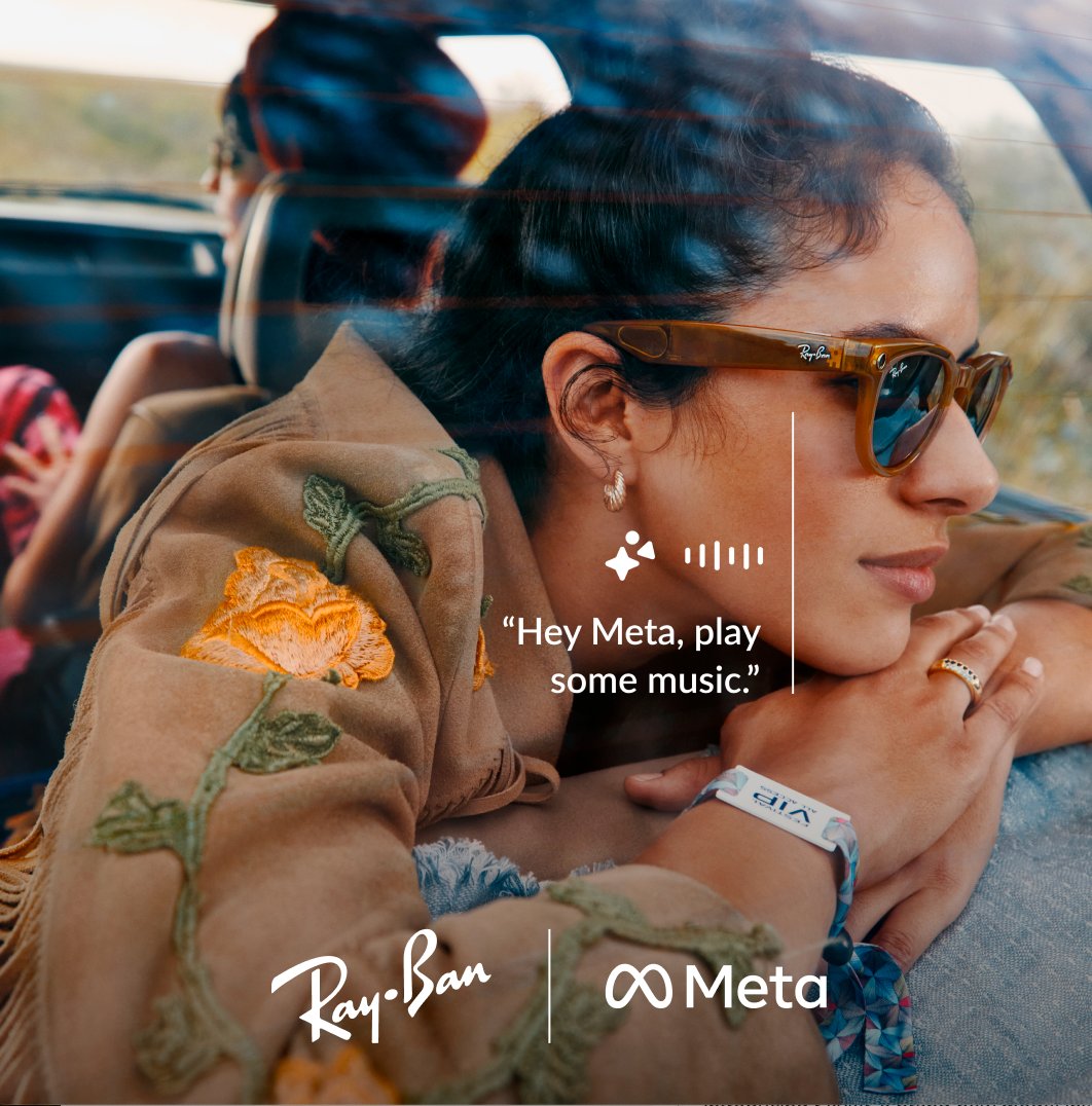 ChelseaGerwing's tweet photo. This just in! @raybanmeta launches its Spring/Summer campaign. 
🕶️ Ask Meta AI on @raybanmeta to get things done, create, and connect 
🕶️ Share your view on a Whatsapp video call straight from your smart glasses https://t.co/cSaIkPSFBB
