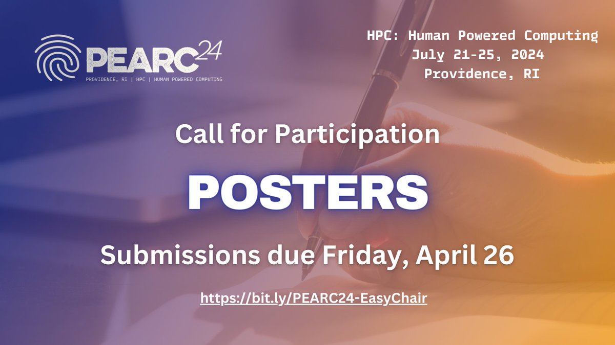 The deadline for Poster submissions for @TheOfficialACM 's #PEARC24 is this Friday, April 26! Visit our site to submit your poster today: bit.ly/PEARC24-CFP #HPC #supercomputing #researchcomputing #datascience #bigdata @CampusChampions @Women_in_HPC @sciencegateways @SIGHPC