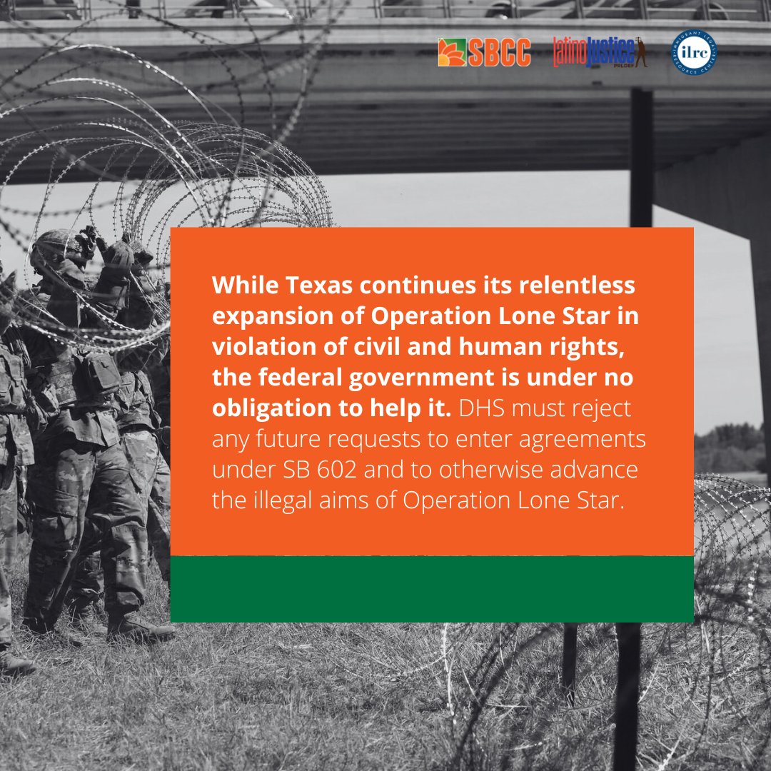 While Texas continues its relentless expansion of Operation Lone Star in violation of civil and human rights, the federal government is under no obligation to help it. Reject and refuse any agreements with #Texas under SB602! Learn more and take action: bit.ly/BidenNoSB602