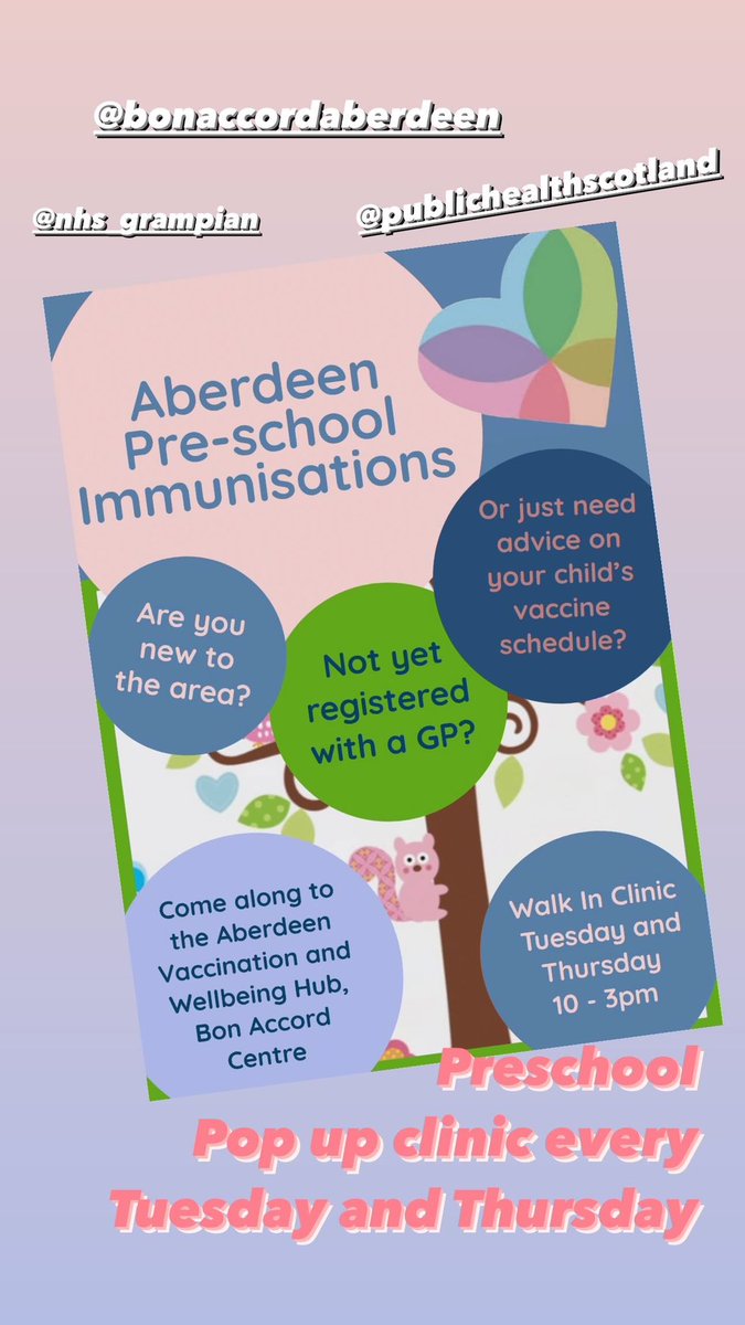 Are you new to the Area, Not yet registered with a GP? or just need advice on your child's vaccine schedule? If so please come along to the Aberdeen City Vaccination Hub on a Tuesday or Thursday between 9.30 - 3.30 to spreak to a pre-school immunisation nurse @NHSGrampian