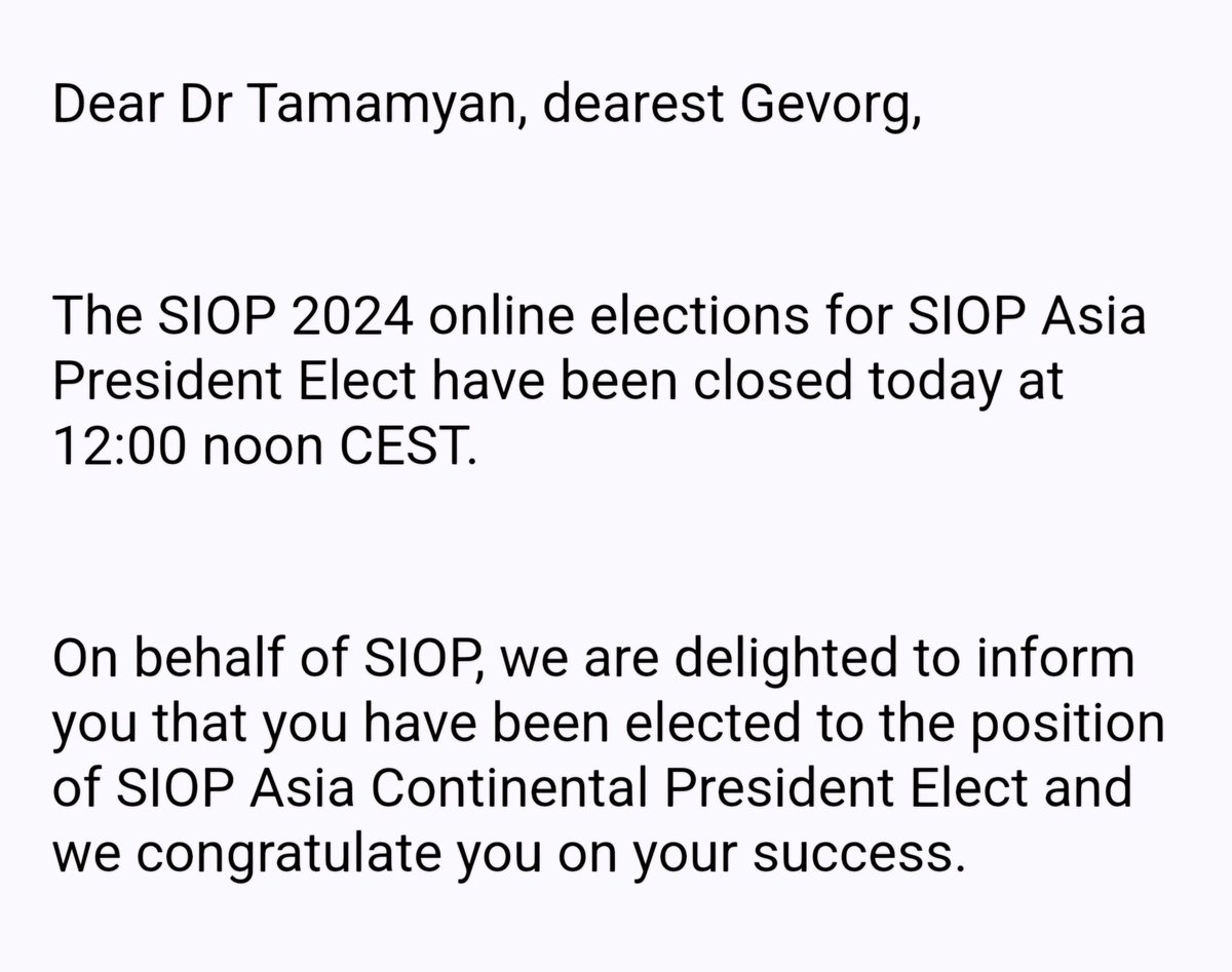 GevTamamyan's tweet photo. It is an extreme honor being elected as the President Elect of SIOP Asia. Thanks a lot for every single vote, for trust, to our wonderdul team, and all colleagues from all over Asia and beyond, and to my great colleagues with whom we were runing during the election. @WorldSIOP ❤️ https://t.co/wfjMhzaw1q