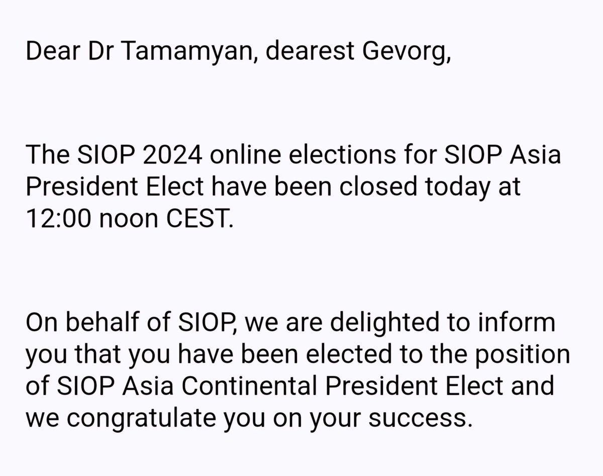 It is an extreme honor being elected as the President Elect of SIOP Asia. Thanks a lot for every single vote, for trust, to our wonderdul team, and all colleagues from all over Asia and beyond, and to my great colleagues with whom we were runing during the election. @WorldSIOP ❤️