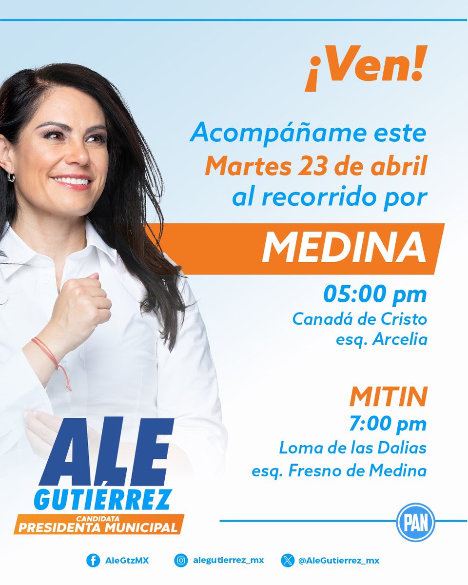 ¡Nos vemos hoy amigos! 😍 ¡Vamos con todo por la colonia Medina y alrededores, por el León que soñamos! 🦁 #VótALE #LeónConAle💪🏼💙 #VamosConTodoXLeón #VotaPAN