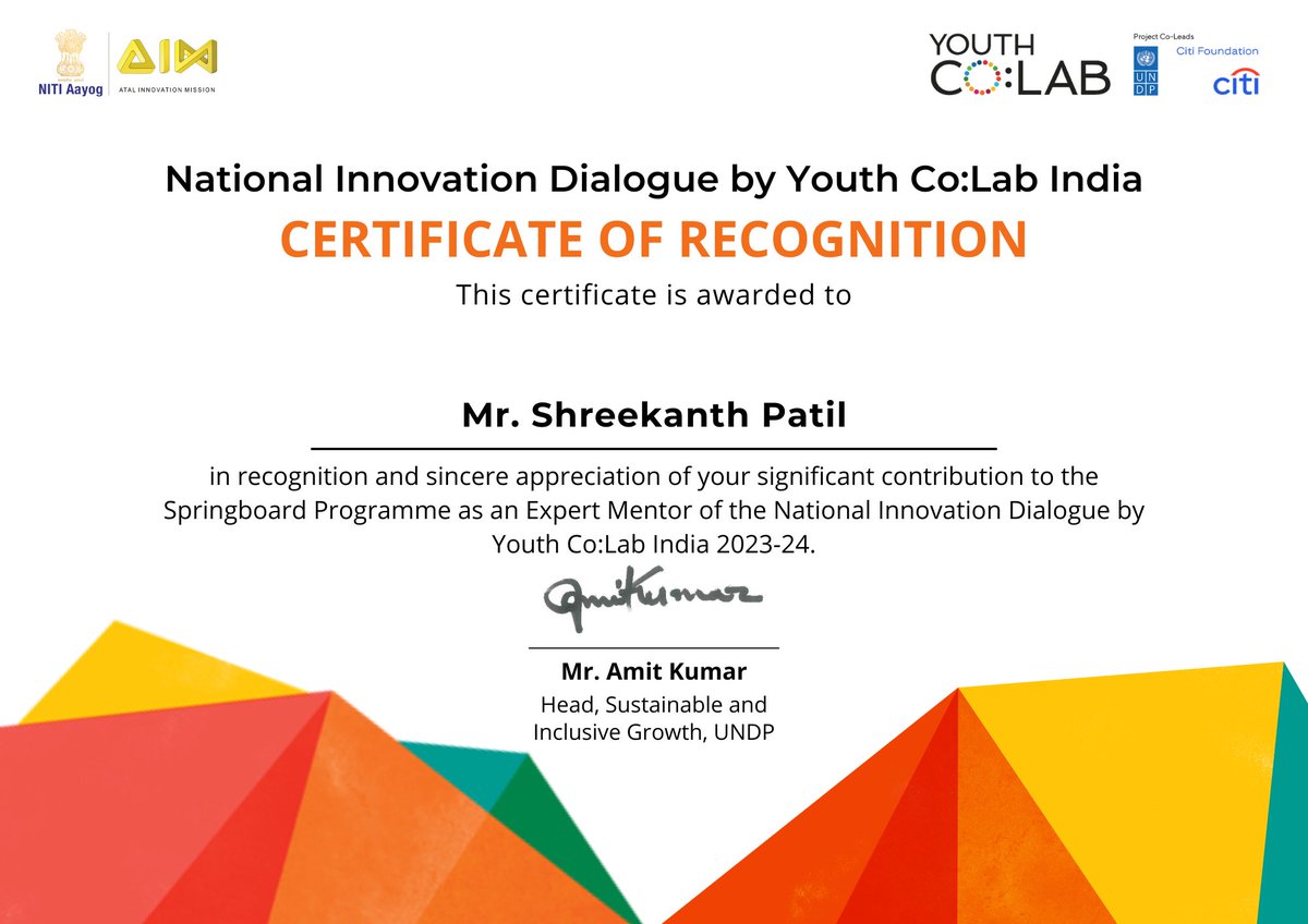 Appreciation by United Nations Development Programme Youth Co:Lab supported by NITI Aayog As Expert Mentor @lokmat @News18lokmat @MarathiDivya @LoksattaLive @loknama @mataonline @PIBMumbai @InfoNashik @NashikSkill @NITIAayog @startupindia #ShreekantPatil #Mentor