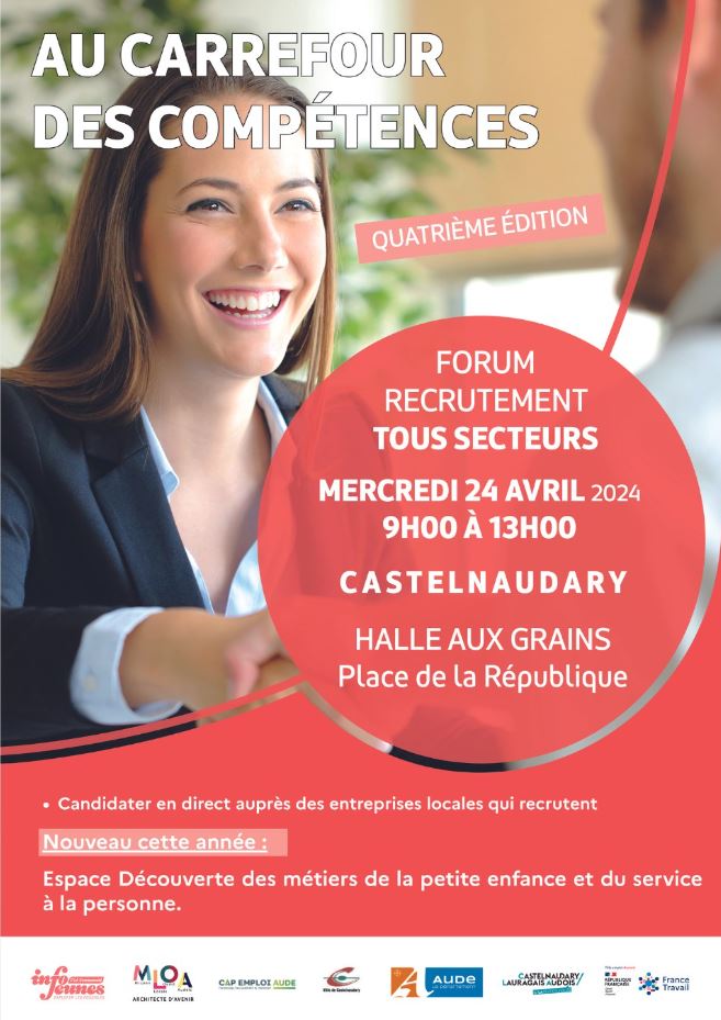 hlantelme's tweet photo. 📢AU CARREFOUR DES COMPÉTENCES
Le 24 avril de 9h à 13h à #Castelnaudary #Aude✅
Le forum de #recrutement tous secteurs revient pour une 4e édition : 
➕de 20 employeurs et➕de 100 postes à pourvoir !
#AvecFranceTravail #MissionLocale11 #Capemploi11 @FTravail_OCC @muriellehenry1 https://t.co/vlrqjftVkQ