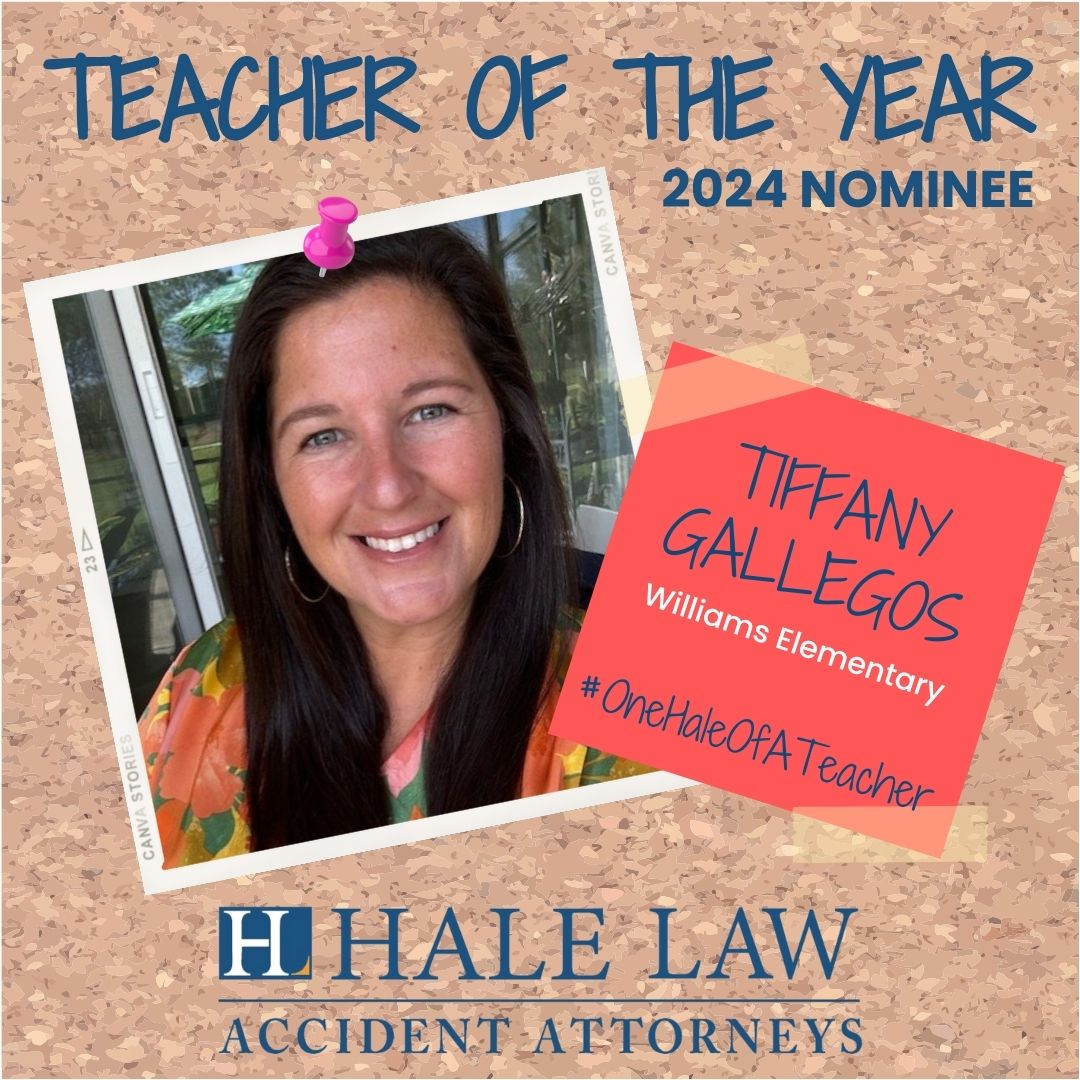It's time to shine a light on Tiffany Gallegos, a passionate second grade teacher at Annie Lucy Williams Elementary in #Parrish, FL!  🌟 

Don't forget to vote once a day at halelaw.com/vote-for-a-tea… until noon on 5/10/24! #OneHaleOfATeacher #TeacherOfTheYear