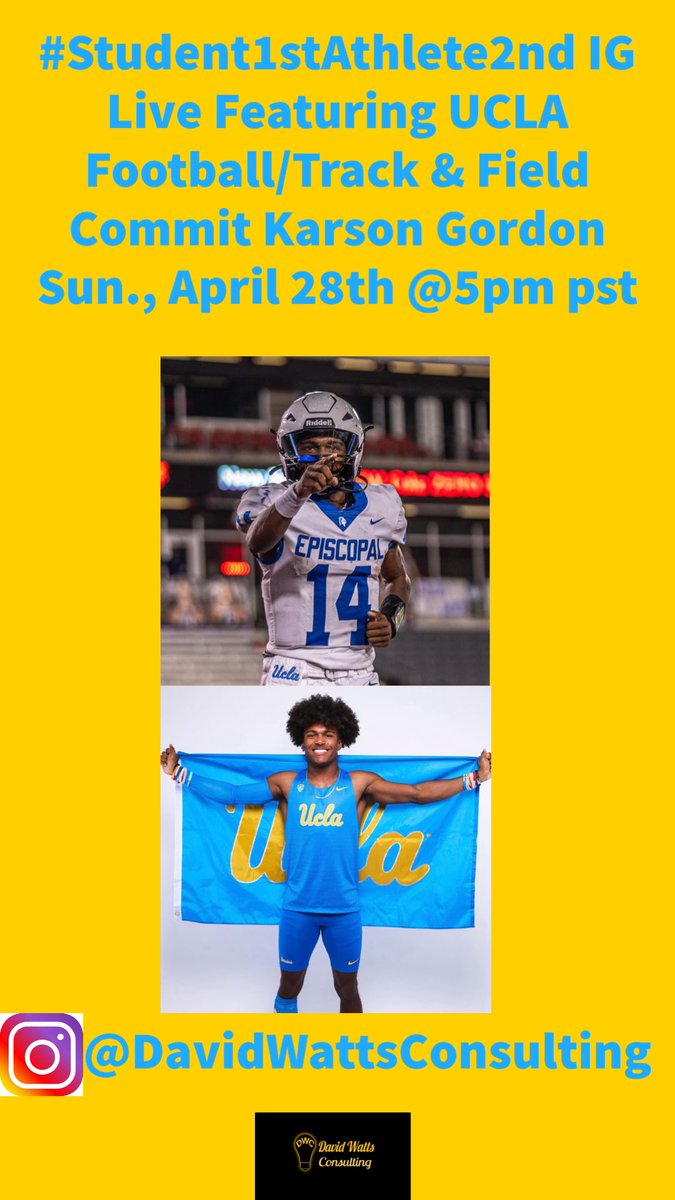 Excited 2 announce @uclafootball @uclatrackandfield commit @phenomk2 w/be our guest on the #Student1stAthlete2nd IG Live. Karson is a standout QB & triple jumper out of @EHSHouston . He’ll be sharing his story & talking about his SA experiences. #Student1stAthlete2nd