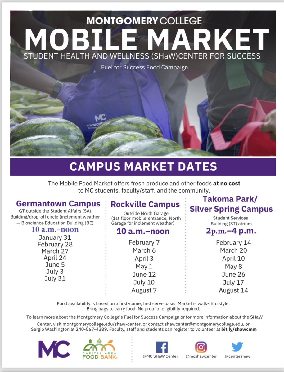 Please join us on the Germantown Campus tomorrow from 10:00 a.m. to 12:00 p.m. for Mobile Market. Mobile Market provides fresh fruit, vegetables, and other foods to MC students, faculty, staff, and the community. The food is distributed on campus at no cost.