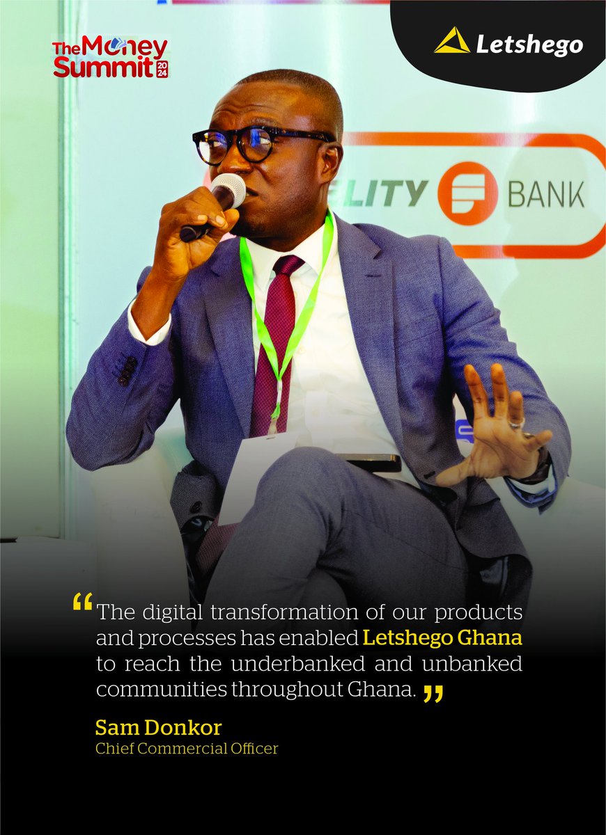 LetshegoGhana's tweet image. Our Chief Commercial Officer, Sam Donkor, spoke at the Money Summit 2024 hosted by @bftghana earlier today. 

Here are some key takeaways from the panel discussion. 

#Letshego #LetsGo #BNFT #TheMoneySummit #InvestingForTheFuture #Finance #EconomicGrowth #Networkin