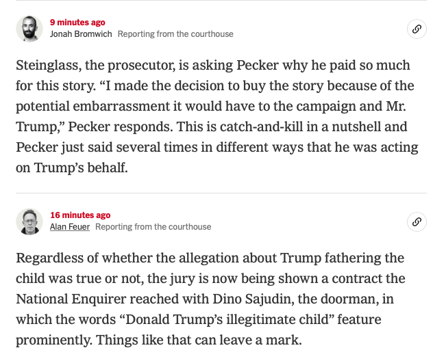 Any concerns that the jury might be bored by a case centered on falsifying business records are thus far unfounded. This stuff is *juicy*. #TrumpTrials