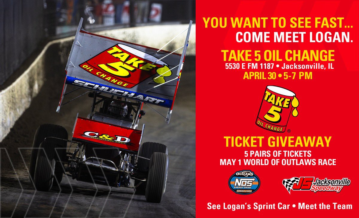 We’re 1️⃣ week away from being at <a href="/take5oilchange/">Take 5 Oil Change</a> Change in Jacksonville, IL! 
Join <a href="/SharkRacing1a1s/">Shark Racing</a> Logan Schuchart and team for a special appearance the night before the <a href="/WorldofOutlaws/">World of Outlaws</a> <a href="/HyVee/">Hy-Vee</a> Perks 40 at <a href="/jaxspeedway/">Jacksonville Speedwa</a> . Meet Logan, his crew and get an up close look at his Car!