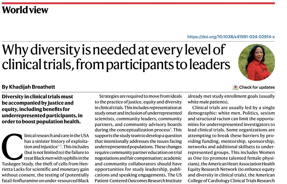 Thanks @NatureMedicine for the invitation to discuss equity in clinical trials. nature.com/articles/s4159… ⚫️ acknowledge our past ⚫️ strategize for the future: representation according to disease prevalence/severity, negotiation, scholarship, funding, community partnership